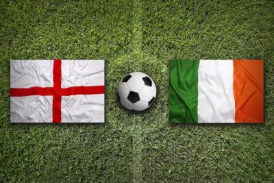 England flag, soccer ball and Ireland flag