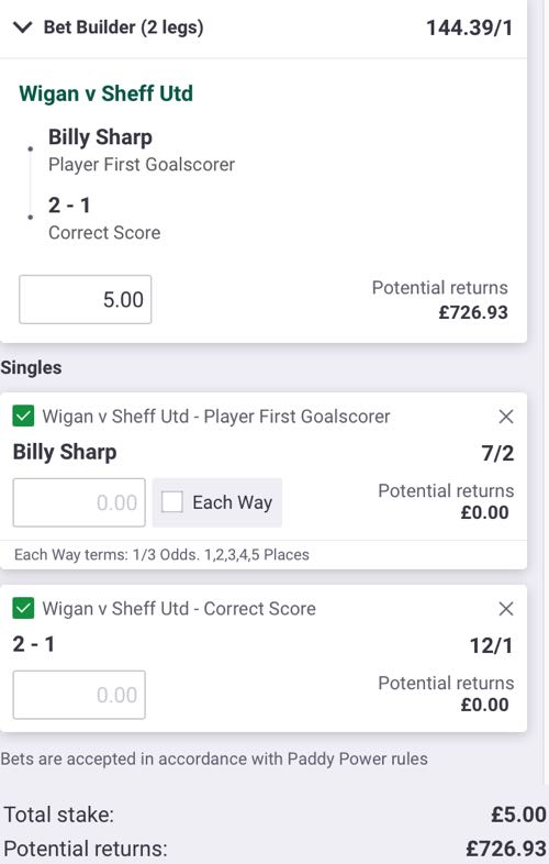 Example of Scorecast bet with Wigan