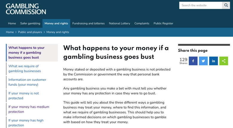 Gambling Commission High, Medium & No Protection Information